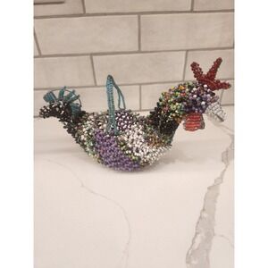 Multicolored‎ Wire Hand Beaded Rooster Basket With Beaded Handle Maker Unknown